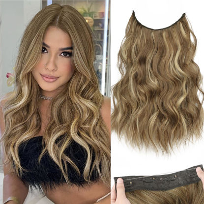 Picture of KooKaStyle Invisible Wire Hair Extensions with Transparent Headband Adjustable Size 4 Secure Clips Long Wavy Secret Wire Hairpiece for Women(16 Inch Light Brown with Caramel Blonde)626D#