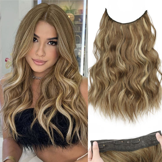Picture of KooKaStyle Invisible Wire Hair Extensions with Transparent Headband Adjustable Size 4 Secure Clips Long Wavy Secret Wire Hairpiece for Women(16 Inch Light Brown with Caramel Blonde)626D#