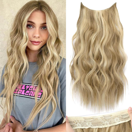 Picture of KooKaStyle Invisible Wire Hair Extensions with Transparent Headband Adjustable Size 4 Secure Clips Long Wavy Secret Wire Hairpiece for Women(24Inch Light Brown mix Golden Blonde)