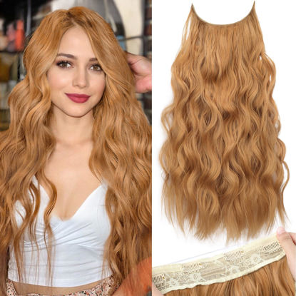 Picture of KooKaStyle Invisible Wire Hair Extensions with Transparent Headband Adjustable Size 4 Secure Clips Long Wavy Secret Wire Hairpiece 24 Inch for Women(Strawberry Blonde)