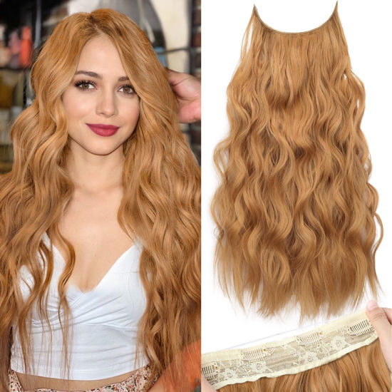 Picture of KooKaStyle Invisible Wire Hair Extensions with Transparent Headband Adjustable Size 4 Secure Clips Long Wavy Secret Wire Hairpiece 24 Inch for Women(Strawberry Blonde)