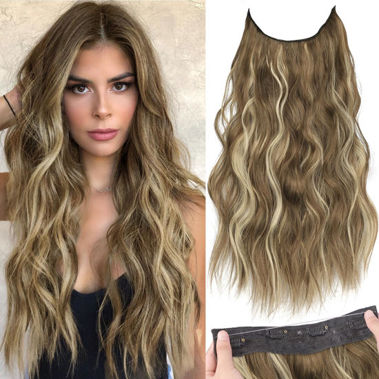 Picture of KooKaStyle Invisible Wire Hair Extensions with Transparent Headband Adjustable Size 4 Secure Clips Long Wavy Secret Wire Hairpiece 20 Inch for Women(Light Brown with Caramel Blonde)626D#