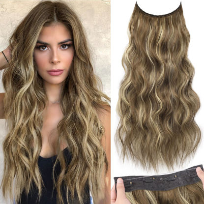 Picture of KooKaStyle Invisible Wire Hair Extensions with Transparent Headband Adjustable Size 4 Secure Clips Long Wavy Secret Wire Hairpiece 24 Inch for Women(Light Brown with Caramel Blonde)626D#