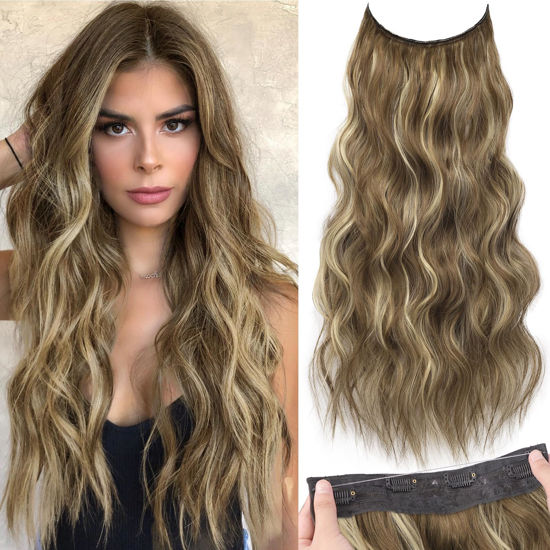 Picture of KooKaStyle Invisible Wire Hair Extensions with Transparent Headband Adjustable Size 4 Secure Clips Long Wavy Secret Wire Hairpiece 24 Inch for Women(Light Brown with Caramel Blonde)626D#