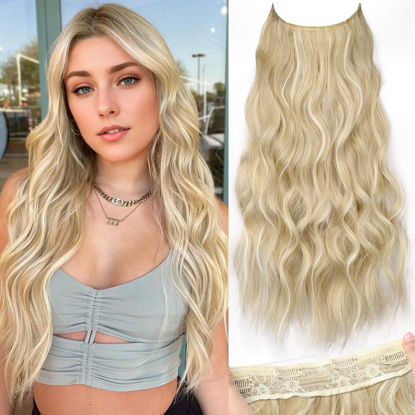 Picture of KooKaStyle Invisible Wire Hair Extensions with Transparent Wire Headband Adjustable Size 4 Secure Clips Long Wavy Hairpiece for Women(Beige Blonde H18/60A 24inch)