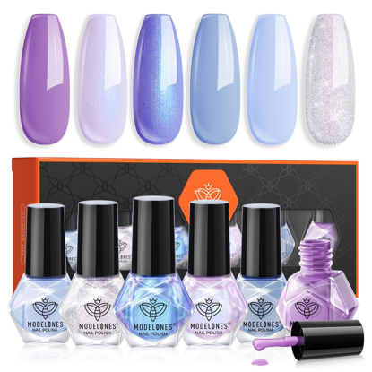 Picture of Modelones Nail Polish, 6 Colors Baby Blue Purple Nail Polish Set Shimmer Glitter Sliver Fast Drying Mini Nail Lacquer Kit Finger Manicure DIY Spring Nail Art Home Salon Gift for Women Girl