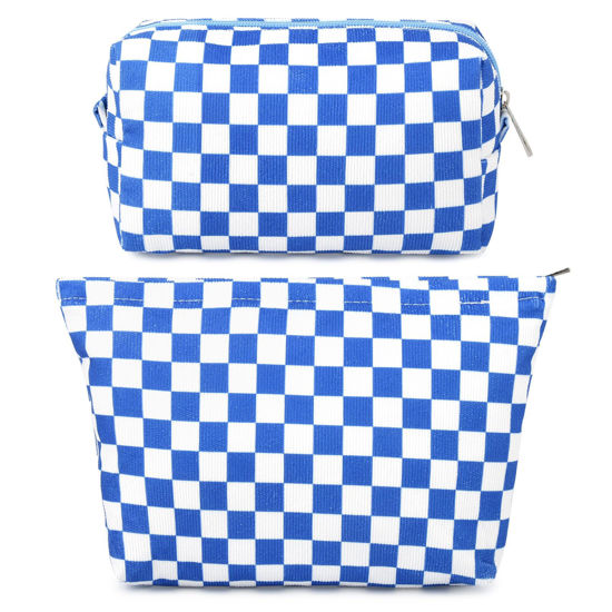 Picture of SOIDRAM 2 Pcs Checkered Makeup Bag Large Cosmetic Bag Toiletry Bag Makeup Pouch Travel Bag Organizer Cute Makeup Brushes Aesthetic Accessories Storage Bag for Women Royal Blue