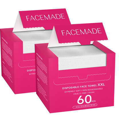 Picture of FACEMADE 120 Ct Disposable Face Towels XXL, USDA Certified 100% Biobased Face Towelettes, Face Clean Makeup Remover, Ultra Soft Dry Wipes, Rose