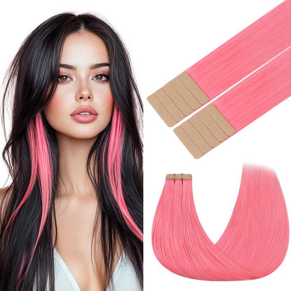 Picture of GOO GOO Tape in Hair Extensions Human Hair, Light Pink, 20inch 30g 10pcs, Colored Tape ins Human Hair Extensions, Silky&Soft Invisible Tape Ins, Hair Highlighted for Party