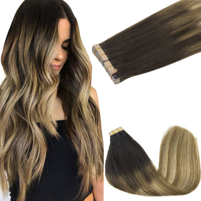Picture of GOO GOO Tape in Hair Extensions Human Hair, 2/6/18 Balayage Brown to Dirty Blonde, 24inch 100g 40pcs, Thick Ends Straight Seamless Tape in, Invisible Tape in Hair Extensions Human Hair