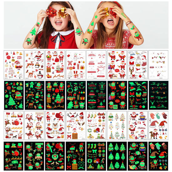 Picture of Awinmay luminous Christmas Temporary Tattoos for Kids - 240 Pieces Bulk Christmas Tattoos for Boys and Girls,Xmas Holiday Stickers Christmas Party Favor for Kids Stocking Stuffers and Gifts 16 Sheets