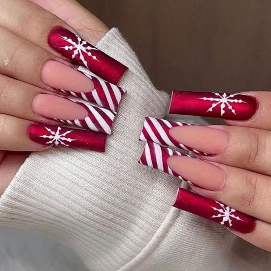 Picture of Christmas Press on Nails Long Coffin Fake Nails with Red White Swirl Design Snowflake Glue on Nails Red French tips Stick on Nails Winter Xmas False Nails for Women Girls Holiday Manicure 24PCS