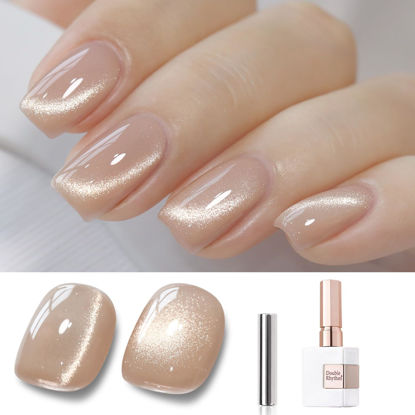 Picture of Double Rhythm 15ML Ice Glass Cat Eye Gel Polish with Magnet Holographic Glitter Shimmer Translucent Sheer Color Salon Soak Off Magnetic Nail at Home (Milky Nude-MC1121)