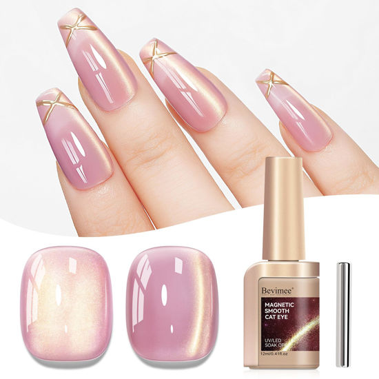 Picture of Bevimee Cat Eye Gel Nail Polish Sheer Pink Glass Jelly Magnetic Nail Polish Gel Shimmer Glitter Gloss Shine Holographic Translucent Color Velvet UV Gel Polish For Nail Art Manicure DIY At Home 12ml