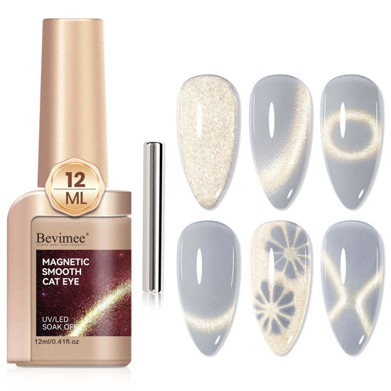 Picture of Bevimee Silver Cat Eye Gel Nail Polish, Magnetic Gel Polish Glitter Holographic Nail Polish With Magnet Gold Shimmer Cateye Effect, UV Velvet Gel Nail Art Manicure Salon DIY Home, 12ML