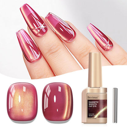 Picture of Bevimee Cat Eye Gel Nail Polish Red Glass Jelly Magnetic Nail Polish Gel Shimmer Glitter Gloss Shine Holographic Wine Color Velvet UV Gel Polish For Nail Art Manicure DIY At Home 12ml