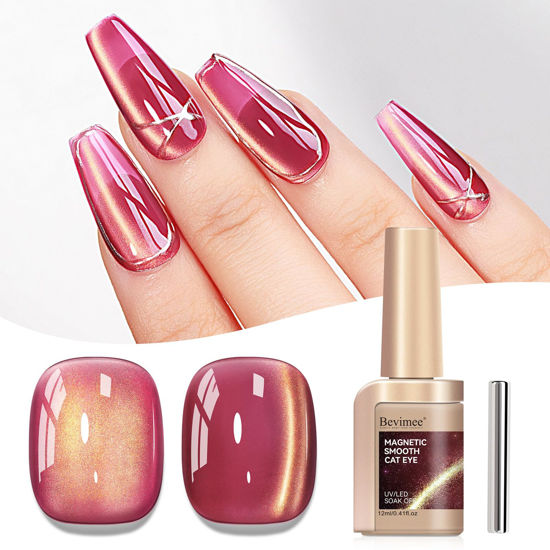Picture of Bevimee Cat Eye Gel Nail Polish Red Glass Jelly Magnetic Nail Polish Gel Shimmer Glitter Gloss Shine Holographic Wine Color Velvet UV Gel Polish For Nail Art Manicure DIY At Home 12ml