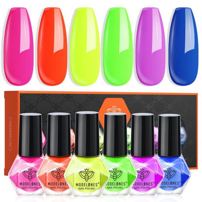 Picture of modelones Nail Polish Set, 6 Colors Blue Green Purple Rose Orange Yellow Quick Dry Mini Starter Kit, Long Lasting Art DIY Manicure Set at Home for Women Girls