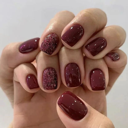 Picture of Press on Nails Short Square Acrylic Fake Nails with Apricot Design Full Cover False Nails Glossy Nude Glue on Nails Artificial Stick on Nails for Women 24Pcs (Wine Red Glitter)