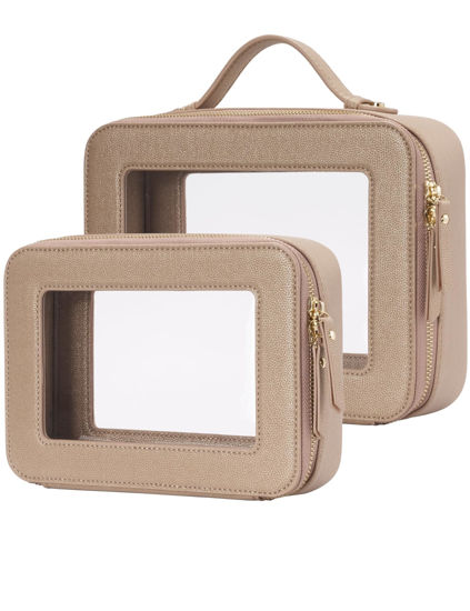 Picture of Popvibe Clear Makeup Bag Travel Cosmetic Case Transparent Toiletry Bag with Zipper, Portable Make Up Organizer Traveling Compact Car Bag for Essentials, Gold, Medium and Large