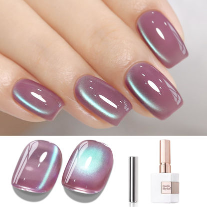 Picture of Double Rhythm 15ML Ice Glass Cat Eye Gel Polish with Magnet Holographic Glitter Shimmer Translucent Sheer Color Salon Soak Off Magnetic Nail at Home (Plum Purple-MC1130)