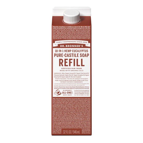 Picture of Dr. Bronner's - Pure-Castile Liquid Soap Refill, 82% Less Plastic, Made with Organic Oils, 18-in-1 For Face, Body, Hair, Laundry, Pets & Dishes, Concentrated, Vegan, Non-GMO (32oz, Eucalyptus)
