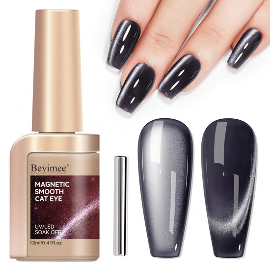 Picture of Bevimee Cat Eye Gel Polish Black, Glitter Magnetic Gel Nail Polish Moonlight, Cateye Polish With Magnet Stick Holographic Shimmer Cateye Effect, UV Velvet Gel Nail Art Manicure Salon DIY Home, 12ML
