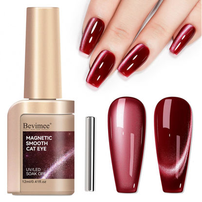 Picture of Bevimee Cat Eye Gel Nail Polish, Wine Red Glitter Magnetic Gel Polish Moonlight, Cateye Polish With Magnet Stick Burgundy Gel Nail Holographic Shimmer UV Velvet Manicure Salon DIY Home, 12ML
