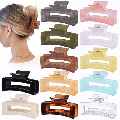 Picture of Sisiaipu 12 Pack Medium Square Claw Hair Clips, 3.5 x 2 x 1.1 inch, Shiny, 12 Colors, Hair Accessories for Women and Girls, Rectangular Rectangle Jaw Clips for Thick and Thin Hair Securing, 12 Pieces