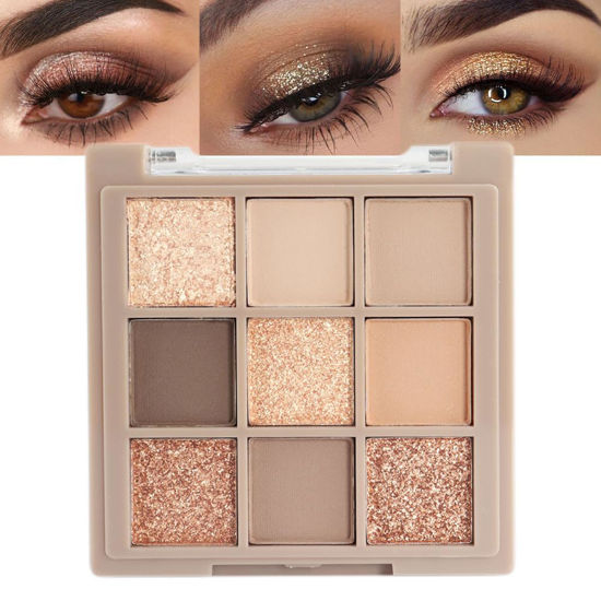 Picture of 9Colors Rose Gold Black Brown Gold Matte Makeup Eyeshadow Palette,Nude Glitter Shiny Shimmer Smokey Eye Shadow Palette Highly Pigmented Long Lasting Waterproof Naturing-Looking Travel Size Gift Kit