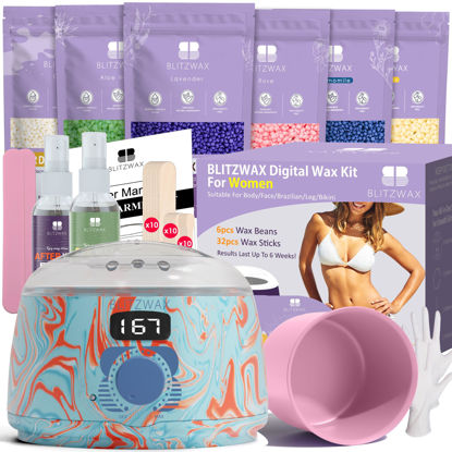 Picture of BLITZWAX Women Hair Removal Waxing Kit Hard Wax Warmer Kit for Beginners Waxing at Home, Self Wax Machine Kit for All Skin Types/Face/Body/Brazilian/Bikini - Effective on Coarse/Fine Hair(Pool Swirl)