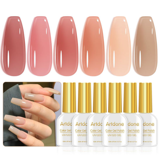 Picture of Artdone Sheer Gel Nail Polish Set Jelly UV Gel 6 Colors Translucent Pink Nude Brown Colors Nail Polish For All Seasons Neutral Soak off LED Lamp Gel Manicure Kit For Nail Art