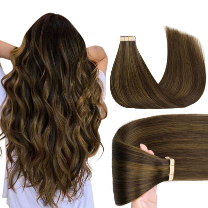 Picture of GOO GOO Tape in Hair Extensions Human Hair, 2C/4E/6C Brown Sugar Swirl Highlights, 20inch 50g 20pcs, Thick Ends Straight Seamless Tape in, Invisible Tape in Hair Extensions Human Hair