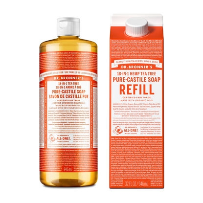 Picture of Dr. Bronner's - Pure-Castile Liquid Soap Bottle & Refill Carton Made with 82% Less Plastic (Tea Tree, 32 oz) - Face, Body, Hair, Laundry, Dishes & More, Super-Concentrated, Organic, Vegan, Non-GMO
