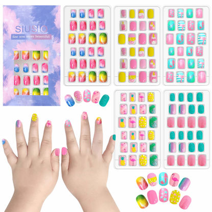 Picture of SIUSIO 120 Pcs 5 Pack Children Acrylic Fake Nails Press on Pre-glue Full Cover Glitter Gradient Color Rainbow Short Sticky Fake Nails Kids Nails Set for Little Girls - Colorful Rainbow Series