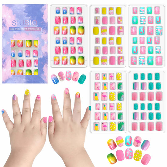 Picture of SIUSIO 120 Pcs 5 Pack Children Acrylic Fake Nails Press on Pre-glue Full Cover Glitter Gradient Color Rainbow Short Sticky Fake Nails Kids Nails Set for Little Girls - Colorful Rainbow Series