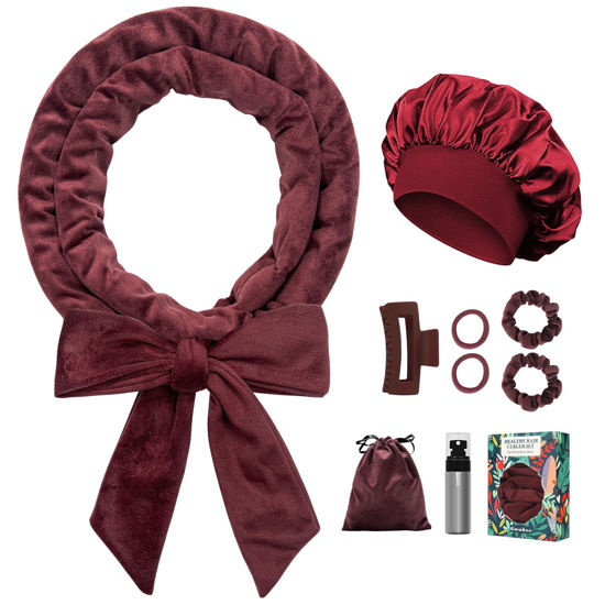 Picture of Gwabee No Heat Overnight Hair Curlers - 70" Soft Ribbon Curl Wrap with 9 Curling Rods, Headband for Long Hair Rollers - Burgundy