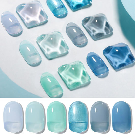 Picture of Born Pretty Jelly Blue Gel Nail Polish Set Sheer Transparent Blue Gel Polish Nail Art Manicure DIY at Home 6PCS