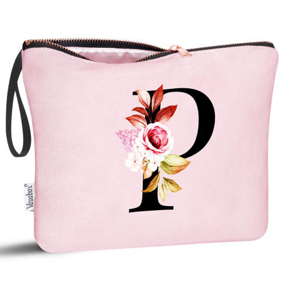 Picture of Vavabox A-Z Personalized Makeup Bag,Birthday Gifts for Women Mom,Gifts for Best Friend,Bride Bridesmaid Cosmetic bag (P, Pink)
