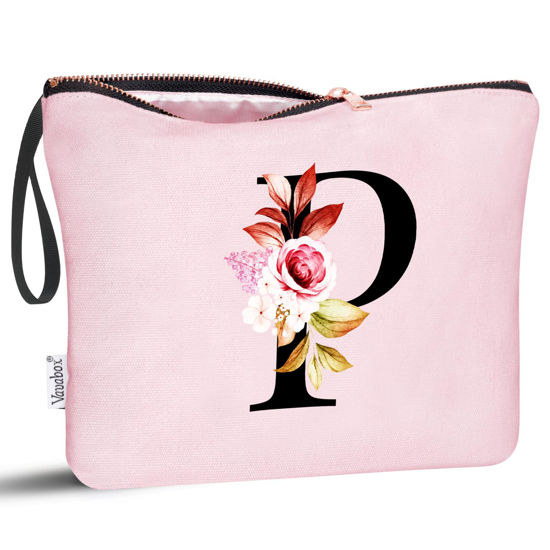 Picture of Vavabox A-Z Personalized Makeup Bag,Birthday Gifts for Women Mom,Gifts for Best Friend,Bride Bridesmaid Cosmetic bag (P, Pink)