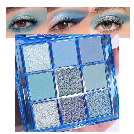 Picture of Sapphire Blue Smoky Eye Shadow Palette,Frosty Blue Peacock Blue Navy Blue Royal Blue Green Goth Highly Pigmented Glitter Cream Eyeshadow,Long Lasting Waterproof Blendable Blue Eye Shadow for Women