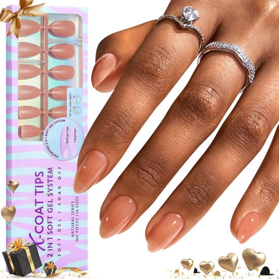 Picture of BTArtbox Almond Nail Tips Short - Soft Gel Press on Nails Short Natural XCOATTIPS with Tip Primer Cover, Stronger Adhesion Soak Off Almond Fake Nails for Easy DIY Nail Art