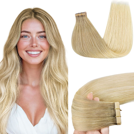 Picture of GOO GOO Tape in Hair Extensions Human Hair, O7/60F 20inch 50g 20pcs, Thick Ends Straight Seamless, Invisible Tape in Hair Extensions Human Hair