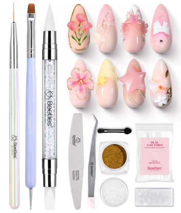 Picture of Beetles 3D Nail Art Brushes, Dual-ended Silicone Nail Tool, 15mm Nail Art Liner Brush, Nail Dotting Tool with Flowers Bowknot Mold, Pearls, Chrome Nail Powder for 3D Nail Design Carving Drawing Effect