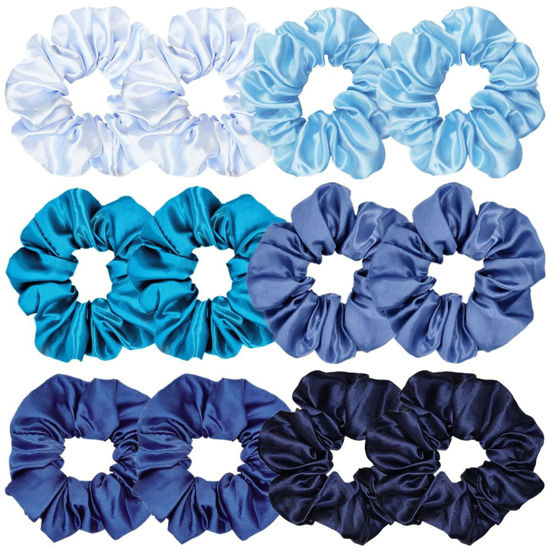 Picture of 12 Pcs Satin Silk Hair Scrunchies Soft Hair Ties Fashion Hair Bands Hair Bow Ropes Hair Elastic Bracelet Ponytail Holders Hair Accessories for Women Girls (Assorted Blue Pair)