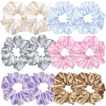 Picture of 12 Pcs Satin Silk Hair Scrunchies Soft Hair Ties Fashion Hair Bands Hair Bow Ropes Hair Elastic Bracelet Ponytail Holders Hair Accessories for Women Girls (Assorted Light color Pair)
