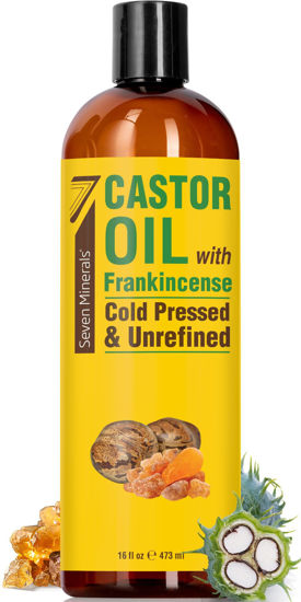 Picture of Seven Minerals Cold Pressed Castor Oil with Frankincense - 16 fl oz Bottle - Unrefined & Hexane Free - Hair Growth, Thicker Eyelashes & Eyebrows, Dry Skin Care, Joint and Muscle Pain (Pack of 1)