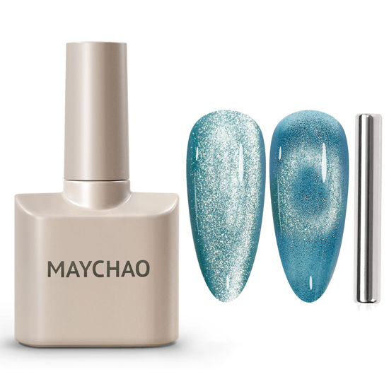 Picture of MAYCHAO 15ML Cat Eye Gel Nail Polish 1Pc Marine Blue Gel Polish with Magnet Soak off Holographic Magnetic Nail Polish for Nail Art Manicure Salon DIY at Home, 0.5 OZ
