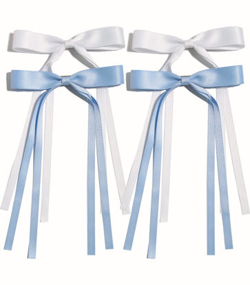 Picture of 4pcs Hair Accessories for Women, Tassel Ribbon Bowknot Long Hair Barrettes with Long Tail, Solid Claw Clips with Bow (White Light Blue)