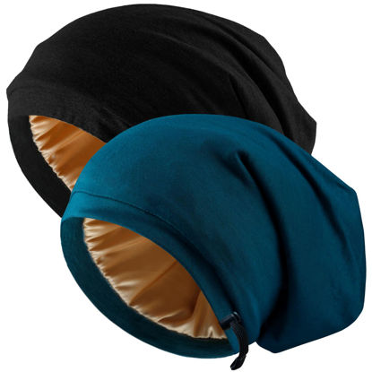 Picture of Silk Satin Bonnet Hair Wrap for Sleeping, 2 Pcs Adjustable Silk Bonnets for Women Men Sleep Cap Silk Lined Slouchy with Adjustable Strap Curly Hair Head Scarf Night Caps